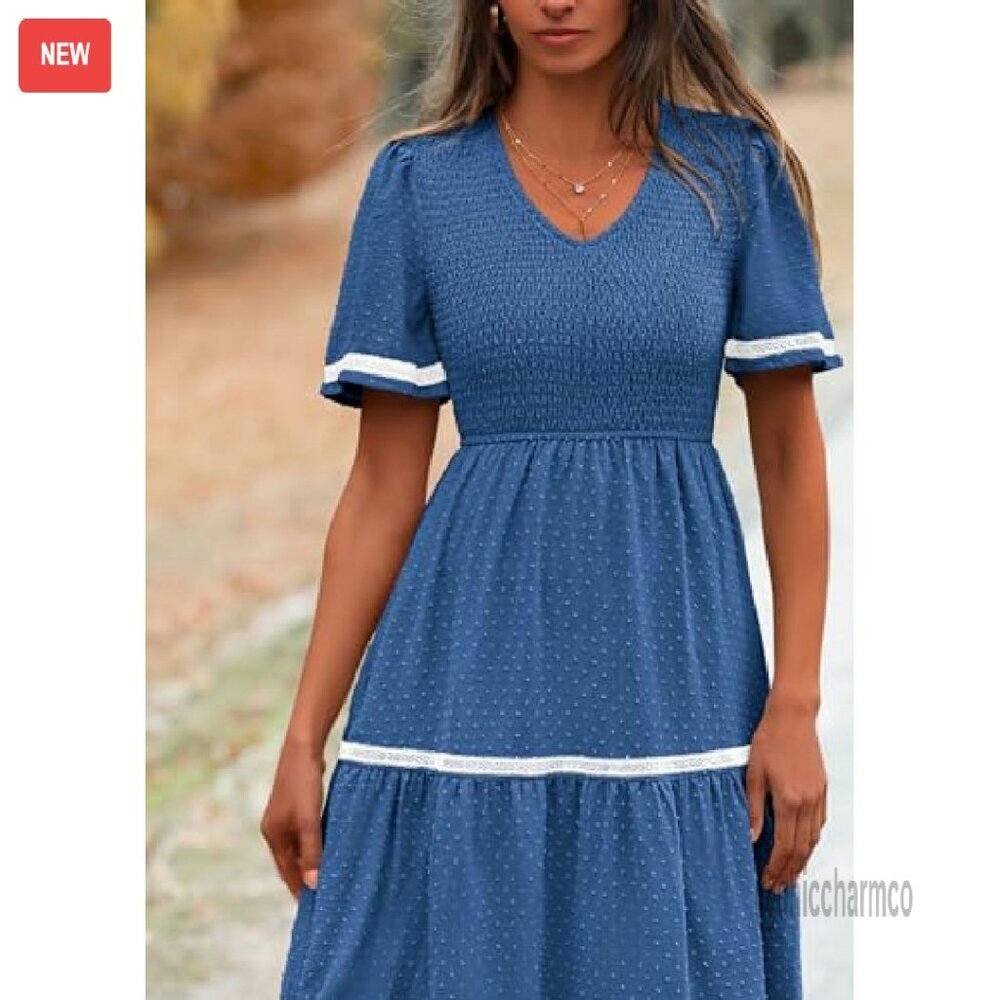 Women's Casual Maxi Dress Short Sleeve V Neck Smocked Flowy Beach - Picture 6 of 8